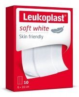 Leukoplast, Plastry soft white, delikatne plastry z opatrunkiem dla wrażliwej skóry, rozmiar 6cm x 10cm, 10 sztuk