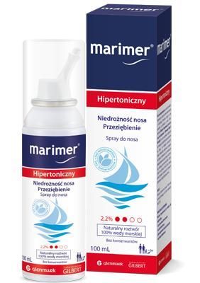 Marimer Hipertoniczny o stężeniu 2,2% soli morskiej, niedrożność nosa, przeziębienie, spray do nosa, 100 ml